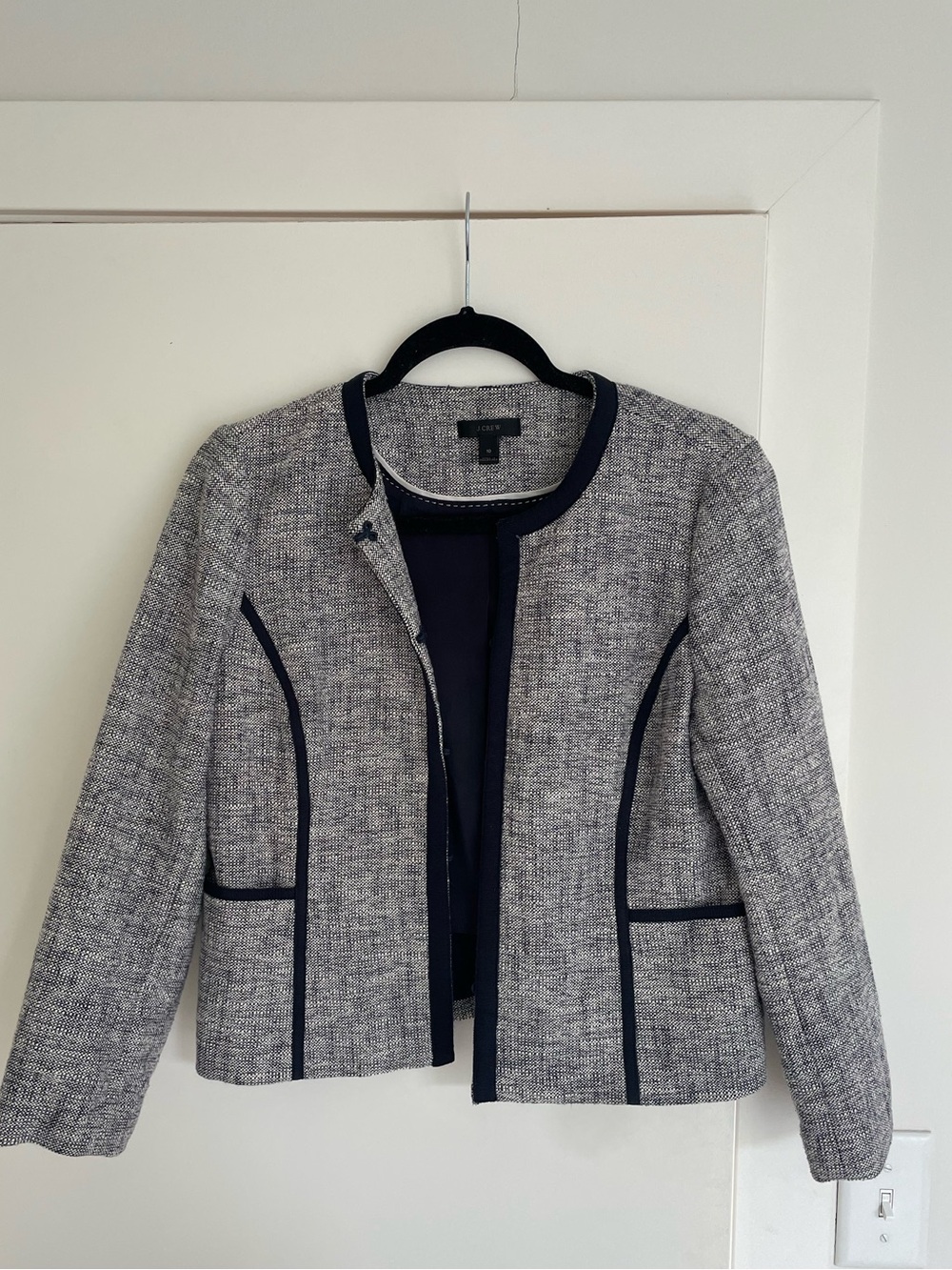 J. Crew Gray Tweed Collarless Jacket with Black Piping